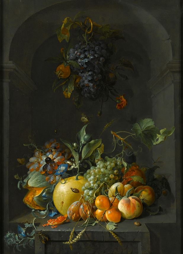 Coenraet Roepel - Still Life of Grapes, Melons, Peaches, Plums and other Fruit with Morning Glory and Shafts of Wheat  in a Stone Niche, with a Bunch of Grapes and Medlars Hanging Above | MasterArt